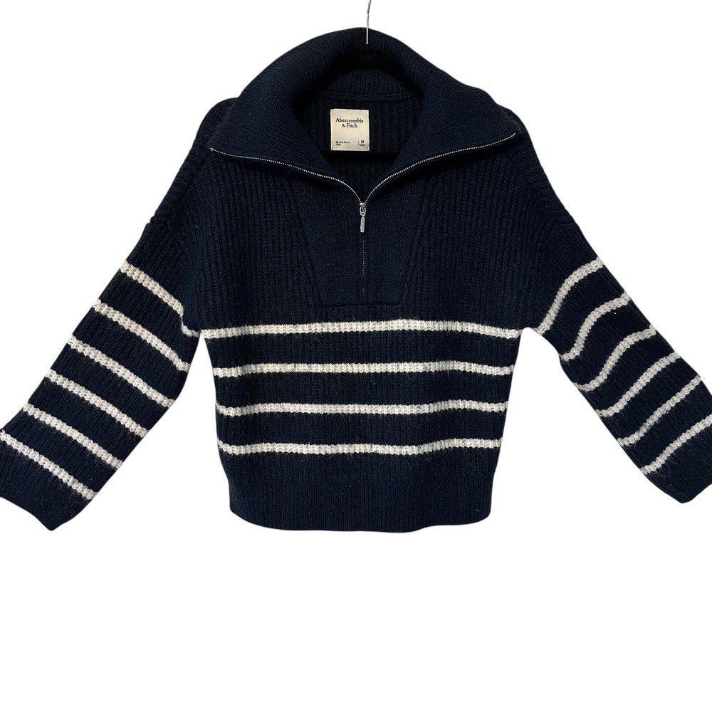Abercrombie Fitch Navy White Striped 1/4 Zip Sweater Womens Medium Ribbed Collar